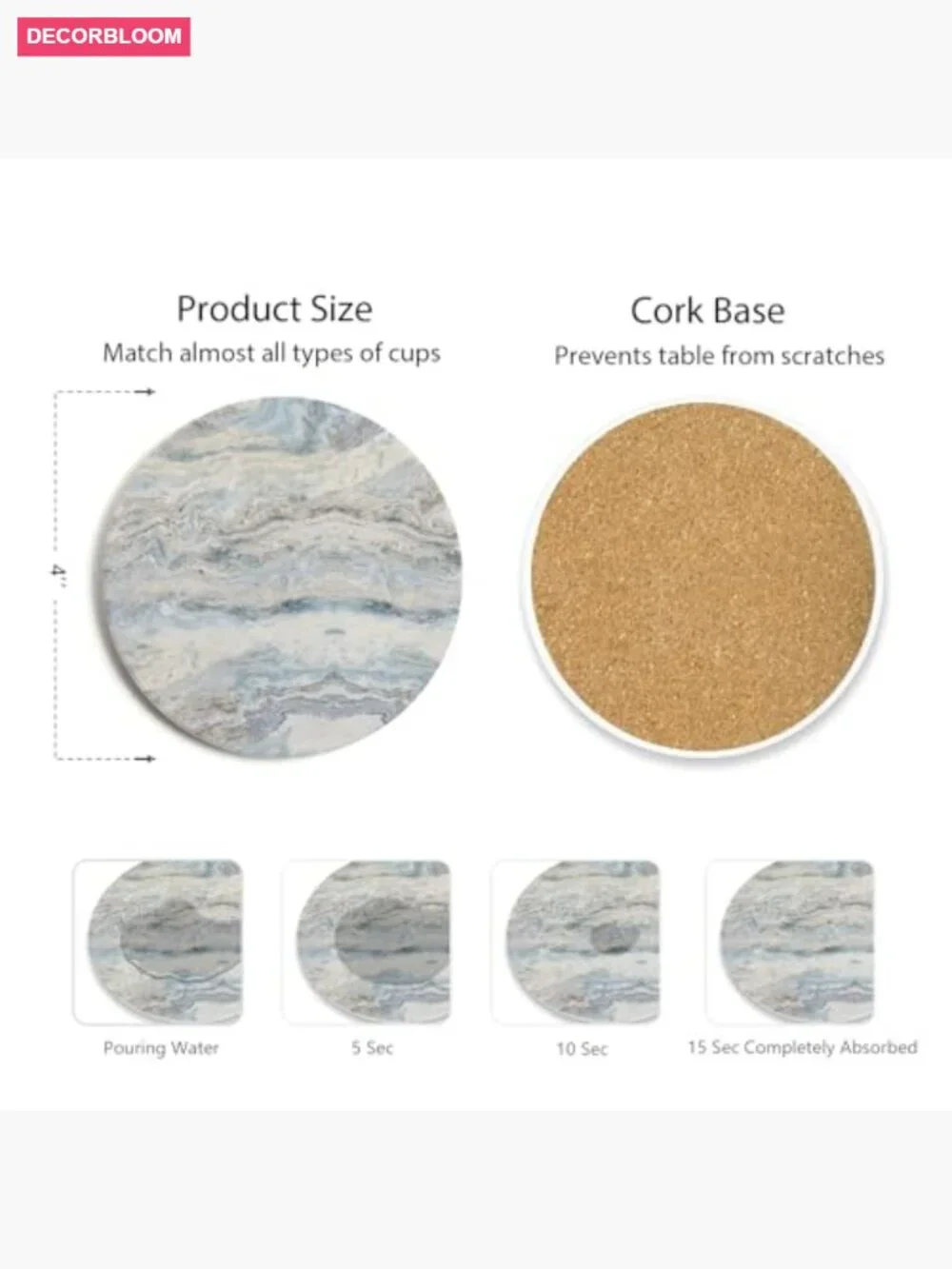 Set of 6 Absorbent Ceramic Coasters with Holder & Cork Backing